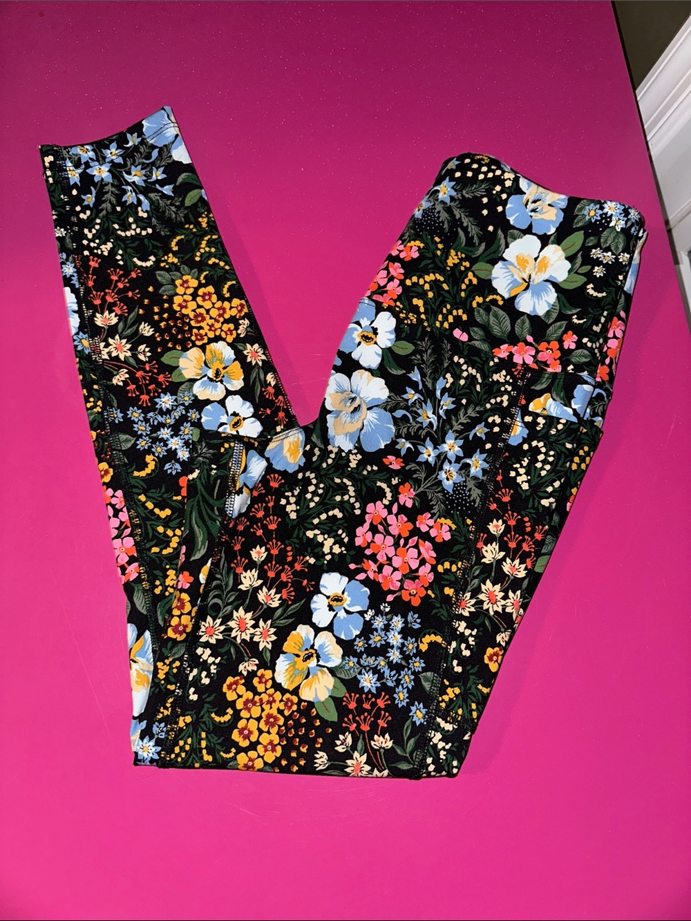 Laura Ashley Black Floral Leggings with Blue, Yellow & Pink Flowers